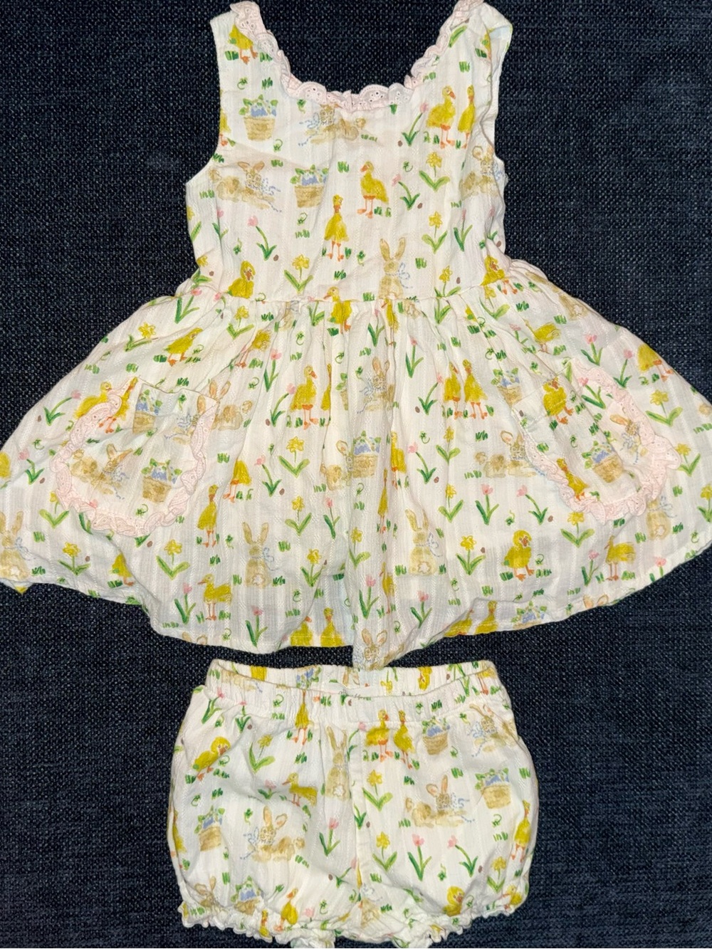 SweetHoney White Floral & Bunny Dress & Bloomer Set with Yellow and Green Accent
